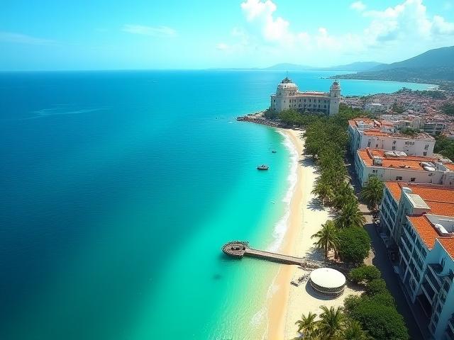 Vista aérea de la costa de Cartagena con un mar azul vibrante y arquitectura colonial, simbolizando la fusión de mar y arte digital.